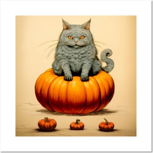 Japanese Cat on a Halloween Pumpkin During the Halloween Season on a Dark Background Posters and Art